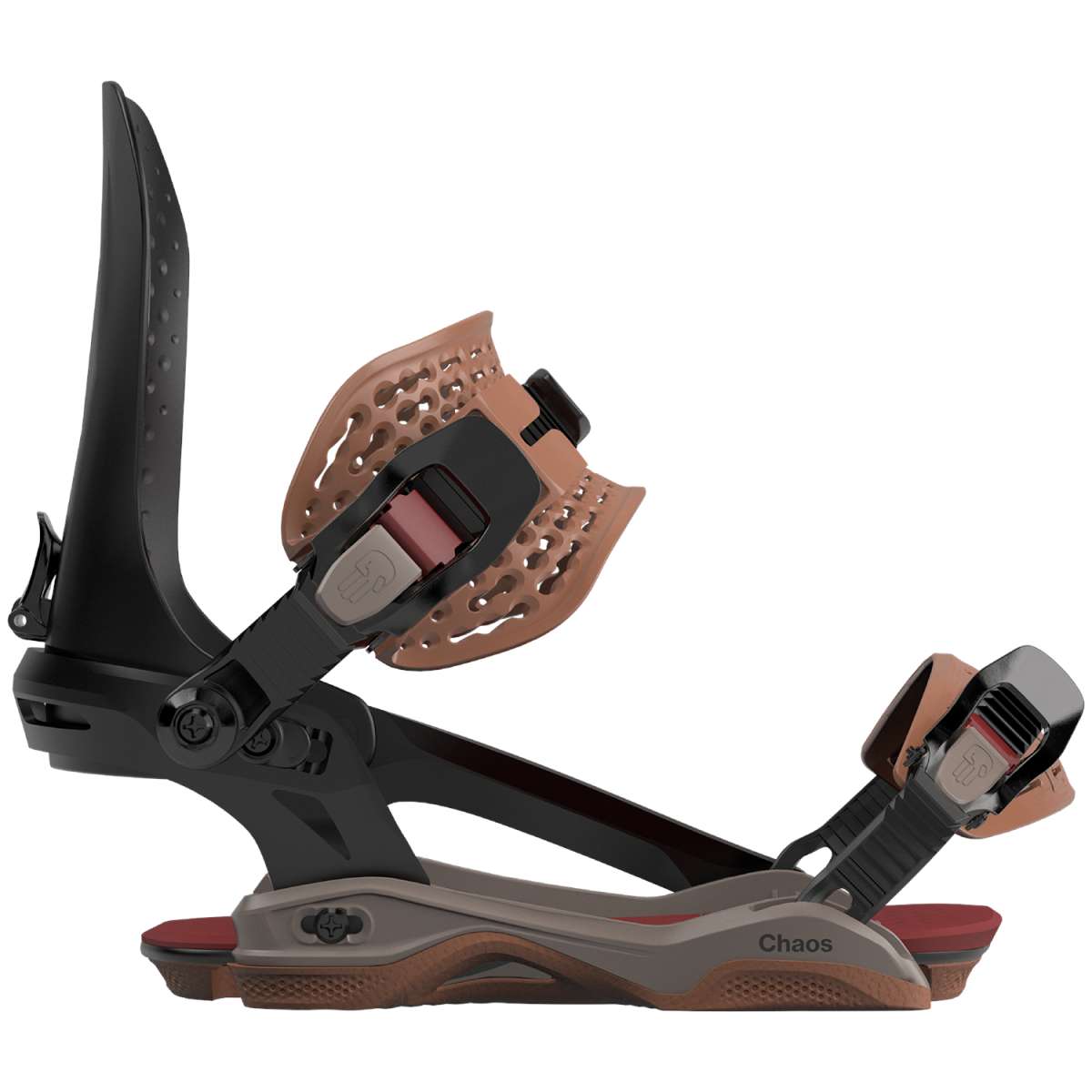 Bataleon Chaos Snowboard Bindings 2024 - A black snowboard binding with a brown strap and buckle, featuring a distinctive pattern of holes on the strap.
