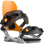 Bataleon Chaos Snowboard Bindings 2024 - A pair of snowboard bindings with a predominantly black base and vibrant orange accents on the straps.