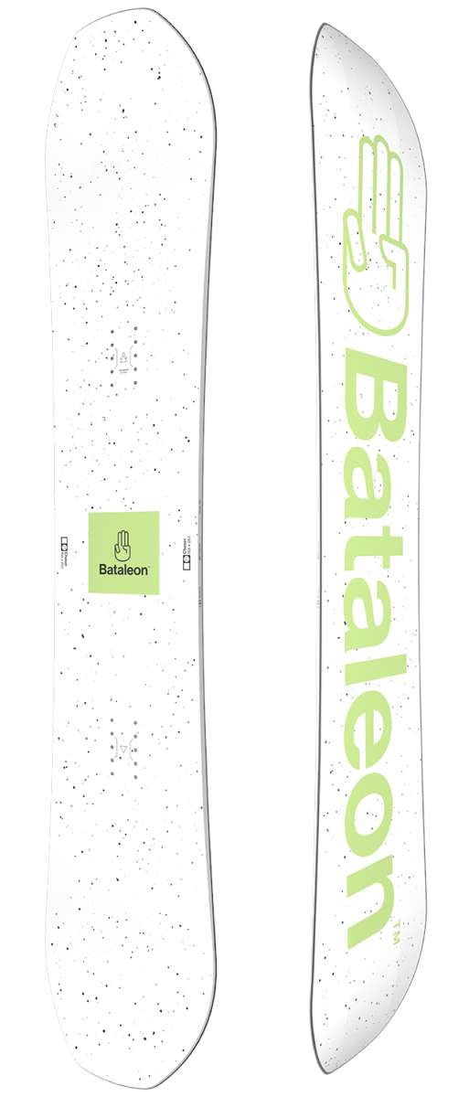 Bataleon Chaser Snowboard 2024 - White snowboard with black speckles and a green logo on top.