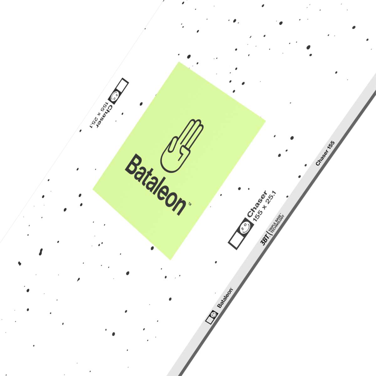 Bataleon Chaser Snowboard 2024 - A white snowboard with black speckles and a logo featuring a hand with three fingers raised in the center.