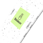 Bataleon Chaser Snowboard 2024 - A white snowboard with black speckles and a logo featuring a hand with three fingers raised in the center.