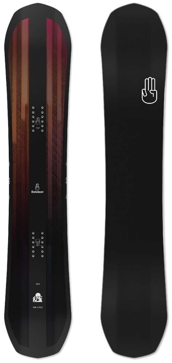 Bataleon Jam Snowboard 2022 - A black snowboard with a white logo featuring a hand and the word "Jam" in small letters on top of it.