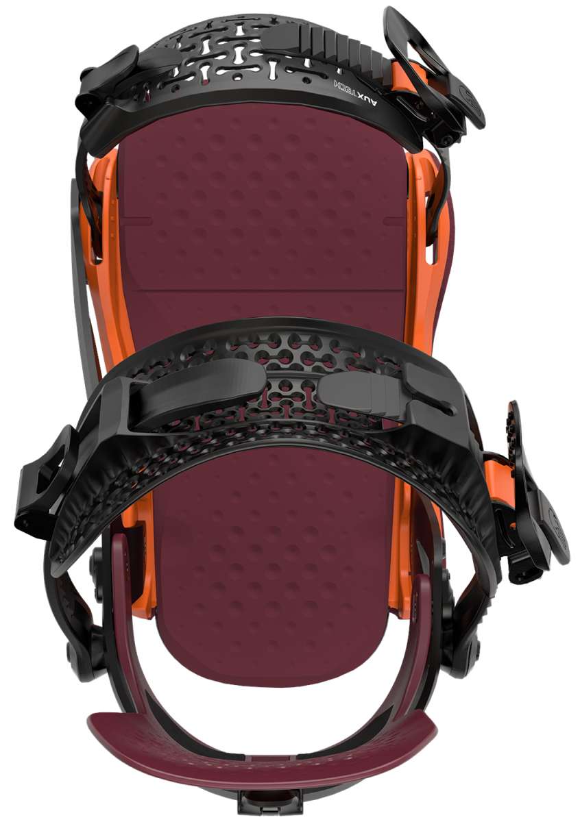 Bataleon Women's Donna Snowboard Bindings 2024 - A black and orange snowboard binding with a textured pattern on top of the footbed.