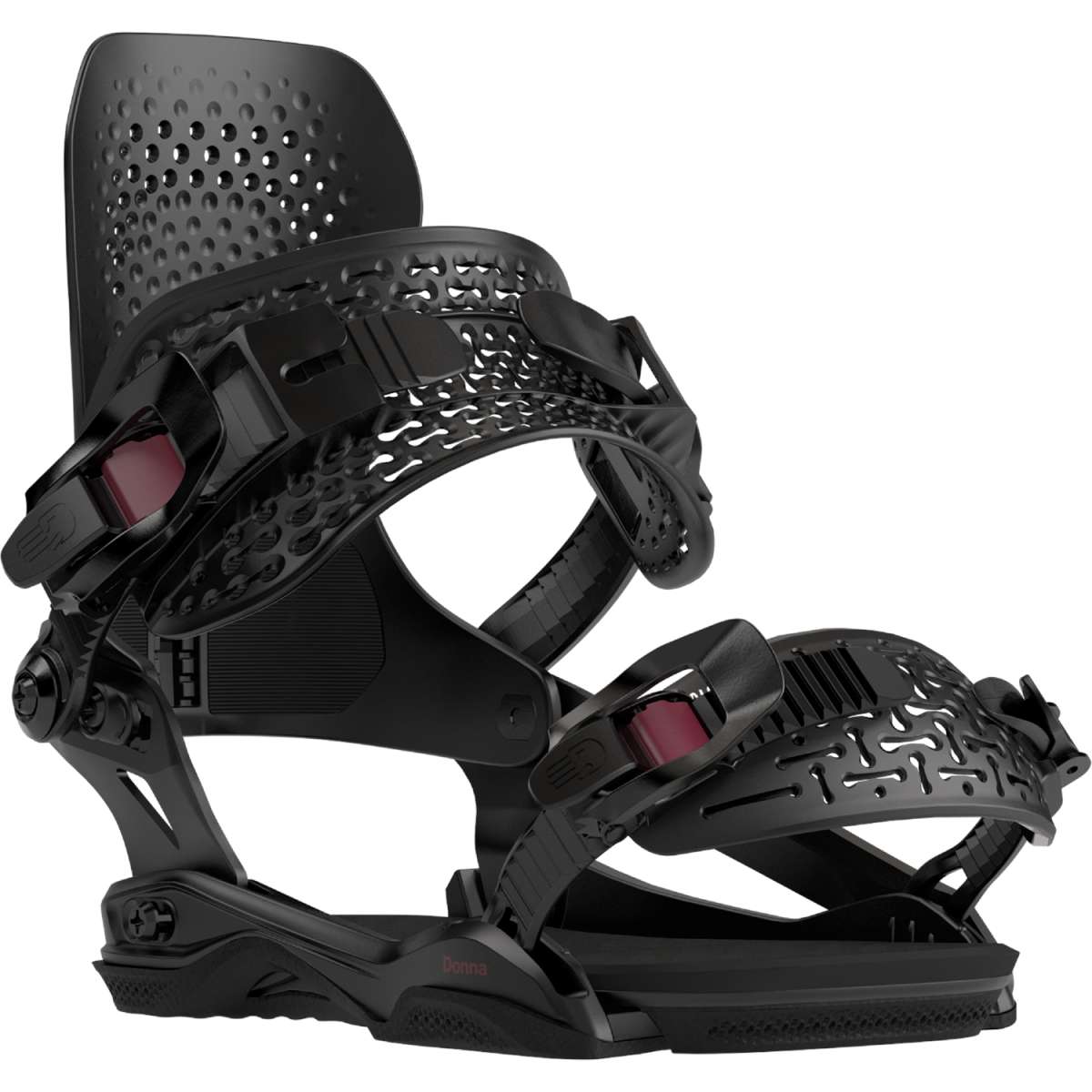 Bataleon Women's Donna Snowboard Bindings 2024 - Black bindings with a textured strap and red buckles.