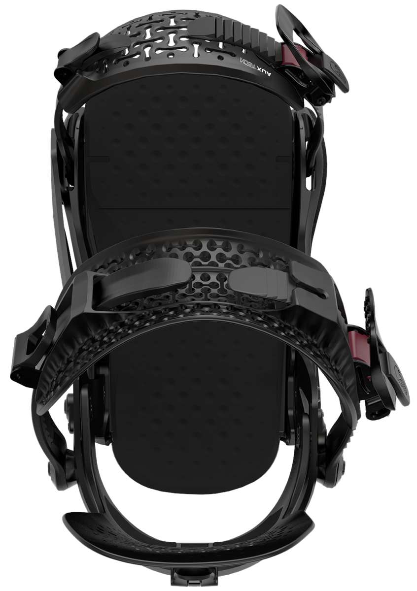 Bataleon Women's Donna Snowboard Bindings 2024 - A black snowboard binding with a white logo on top and red accents on the straps.