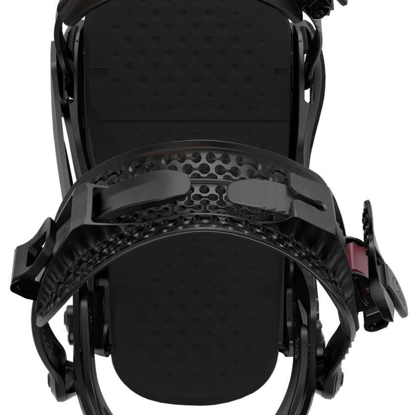 Bataleon Women's Donna Snowboard Bindings 2024 - A black snowboard binding with a white logo on top and red accents on the straps.