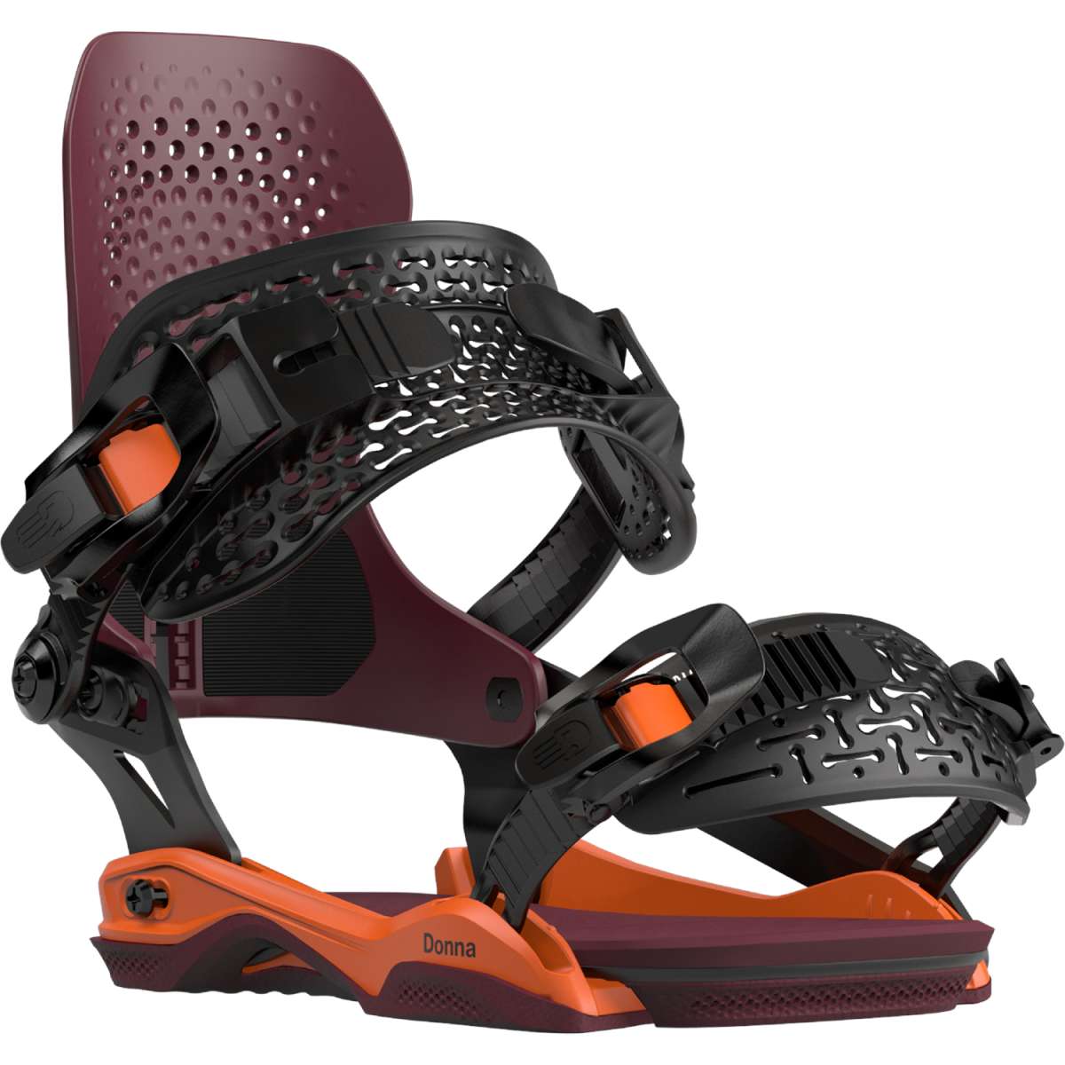 Bataleon Women's Donna Snowboard Bindings 2024 - A black and maroon snowboard binding with a textured strap and a maroon baseplate.