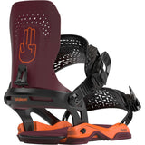 Bataleon Women's Donna Snowboard Bindings 2024 - A pair of black snowboard bindings with a textured strap and an orange logo on the top plate.