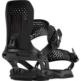 Bataleon Women's Donna Snowboard Bindings 2024 - A pair of black snowboard bindings with a pink logo on the highback.