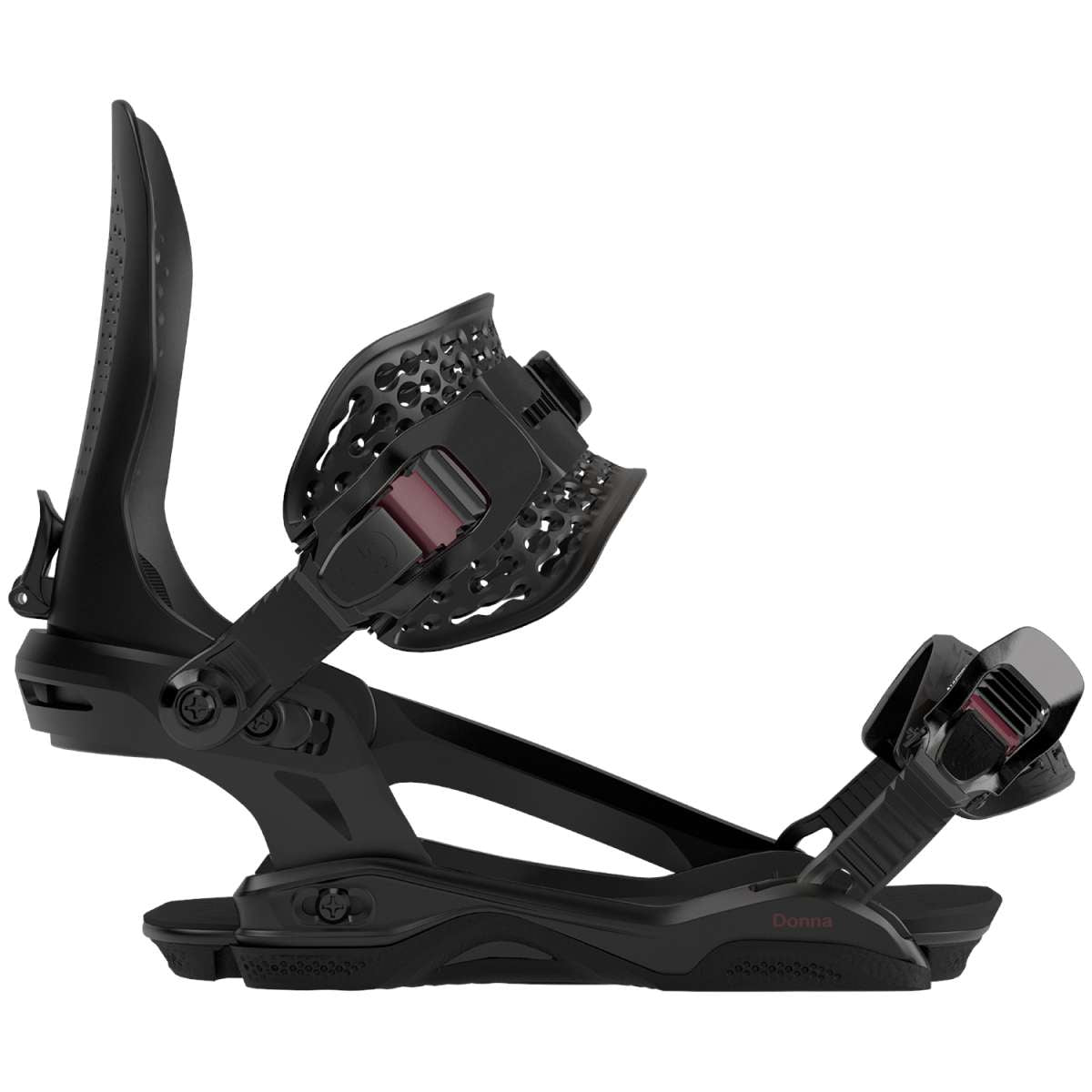 Bataleon Women's Donna Snowboard Bindings 2024 - Black snowboard bindings with a sleek, modern design and adjustable straps.