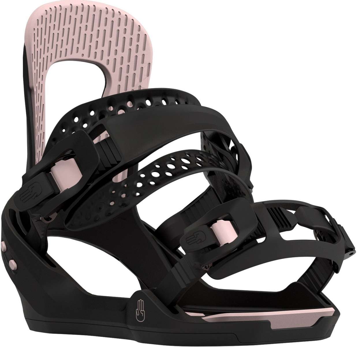 Bataleon Women's Spirit Snowboard Binding 2023 - A black snowboard binding with a rose gold buckle and strap buckles.