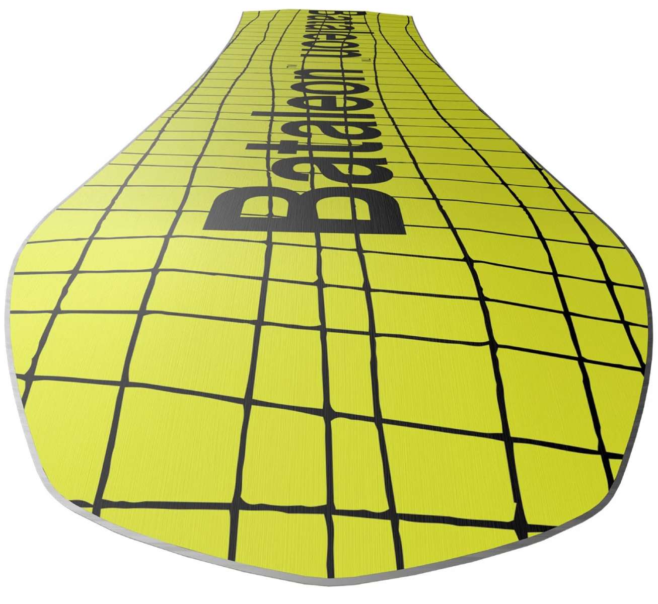Bataleon Women's Moodboard Snowboard 2024 - A bright yellow snowboard with a black grid pattern and the words "bataleon" and "moodboard" printed in black on top.