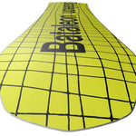 Bataleon Women's Moodboard Snowboard 2024 - A bright yellow snowboard with a black grid pattern and the words "bataleon" and "moodboard" printed in black on top.