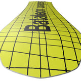 Bataleon Women's Moodboard Snowboard 2024 - A bright yellow snowboard with a black grid pattern and the words "bataleon" and "moodboard" printed in black on top.