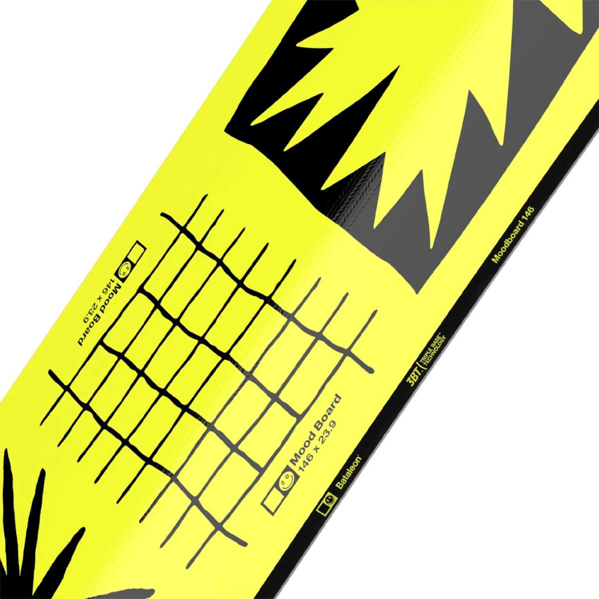 Bataleon Women's Moodboard Snowboard 2024 - Yellow snowboard with black abstract geometric shapes and a black logo on top.