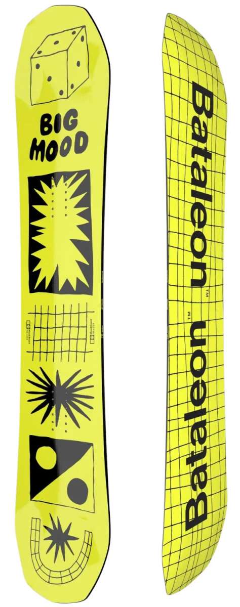 Bataleon Women's Moodboard Snowboard 2024 - Yellow snowboard with black grid pattern and abstract shapes on top.
