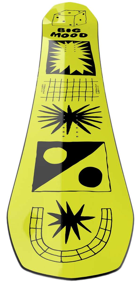 Bataleon Women's Moodboard Snowboard 2024 - Yellow snowboard with black geometric shapes and lines on top.