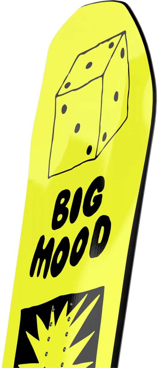 Bataleon Women's Moodboard Snowboard 2024 - Yellow snowboard with black outline of a dice on top.