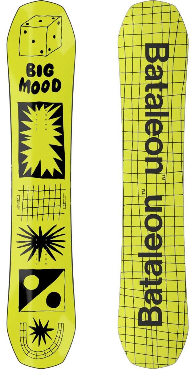 Bataleon Women's Moodboard Snowboard 2024 - Yellow snowboard with black geometric shapes and lines on top.