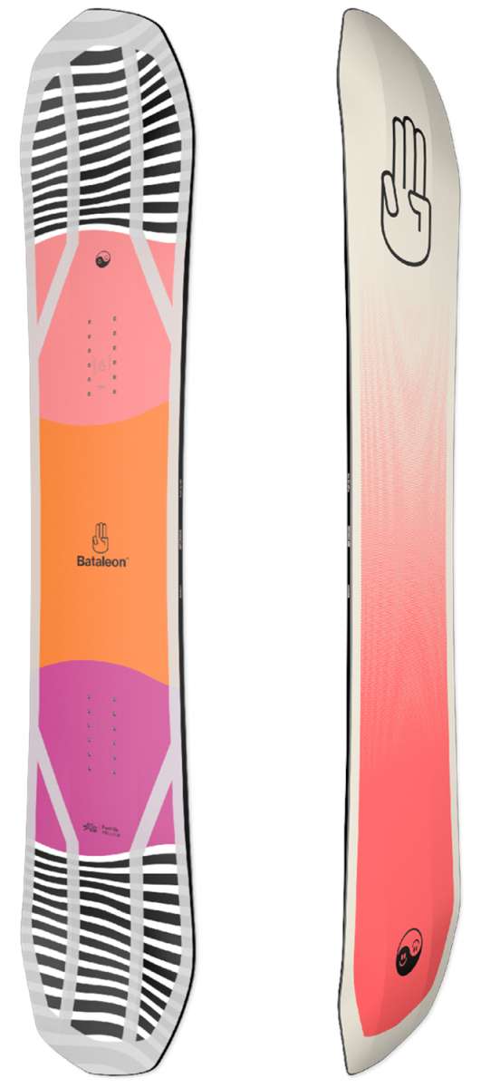Bataleon Push Up Snowboard 2022-2023 - A snowboard with a pink and orange graphic design featuring black stripes on top of an off-white base color.