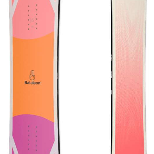 Bataleon Push Up Snowboard 2022-2023 - A snowboard with a pink and orange graphic design featuring black stripes on top of an off-white base color.
