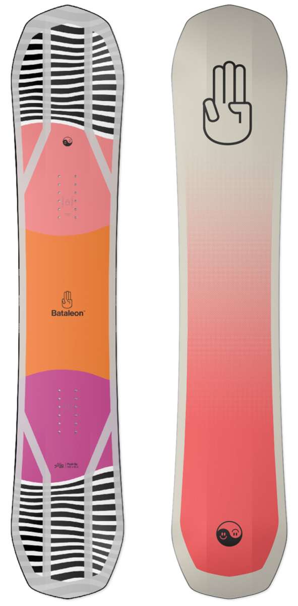 Bataleon Push Up Snowboard 2022-2023 - A snowboard with a pink and orange color scheme, featuring a distinctive black logo on top.