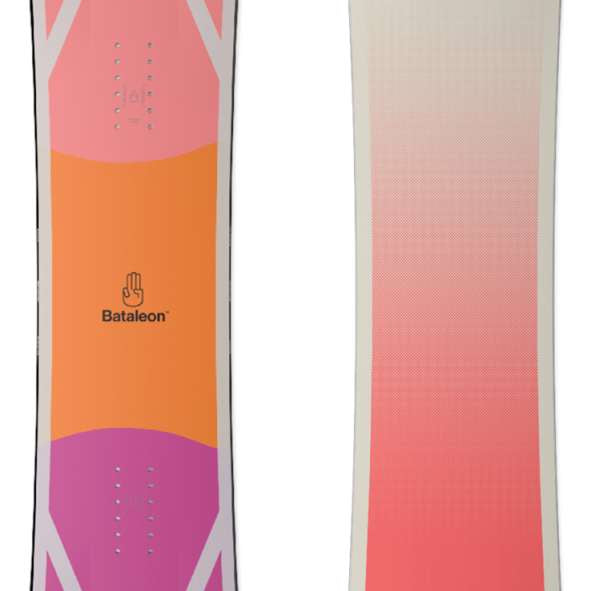 Bataleon Push Up Snowboard 2022-2023 - A snowboard with a pink and orange color scheme, featuring a distinctive black logo on top.