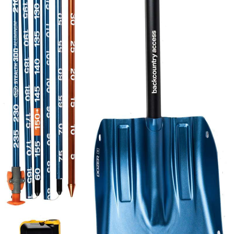 BCA T4 Rescue Package 2024 - A blue shovel with a black handle and white lettering, featuring a distinctive "T" shape at the top of the blade.
