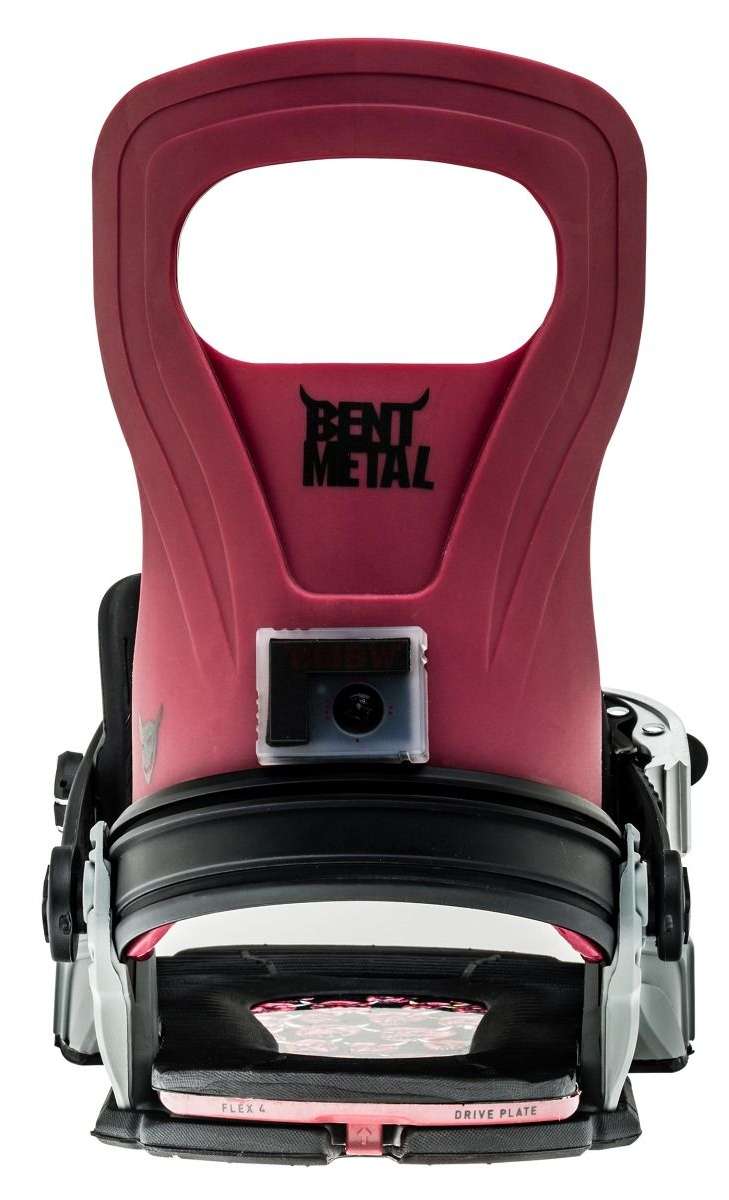Bent Metal Logic Snowboard Bindings 2022-2023 - A pair of snowboard bindings with a black base and silver buckles.