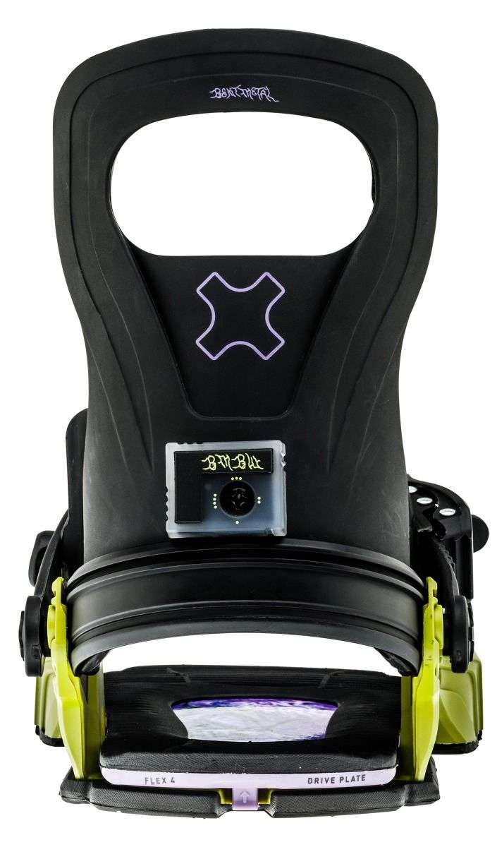 Bent Metal Logic Snowboard Bindings 2022-2023 - A black snowboard binding with a purple logo on top and yellow buckles.
