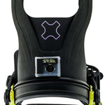 Bent Metal Logic Snowboard Bindings 2022-2023 - A black snowboard binding with a purple logo on top and yellow buckles.