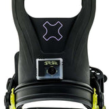 Bent Metal Logic Snowboard Bindings 2022-2023 - A black snowboard binding with a purple logo on top and yellow buckles.