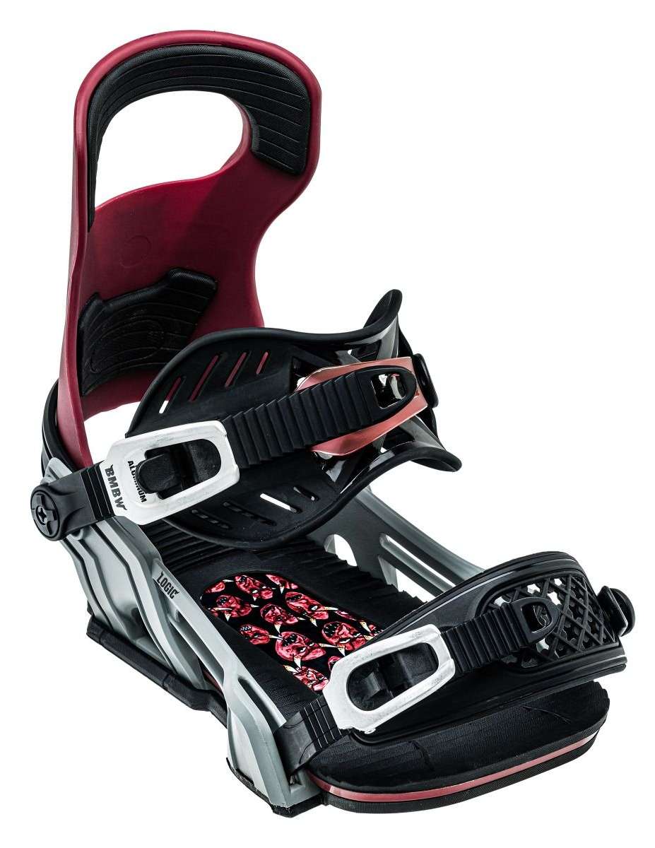 Bent Metal Logic Snowboard Bindings 2022-2023 - Black bindings with red accents and a floral pattern on the straps.