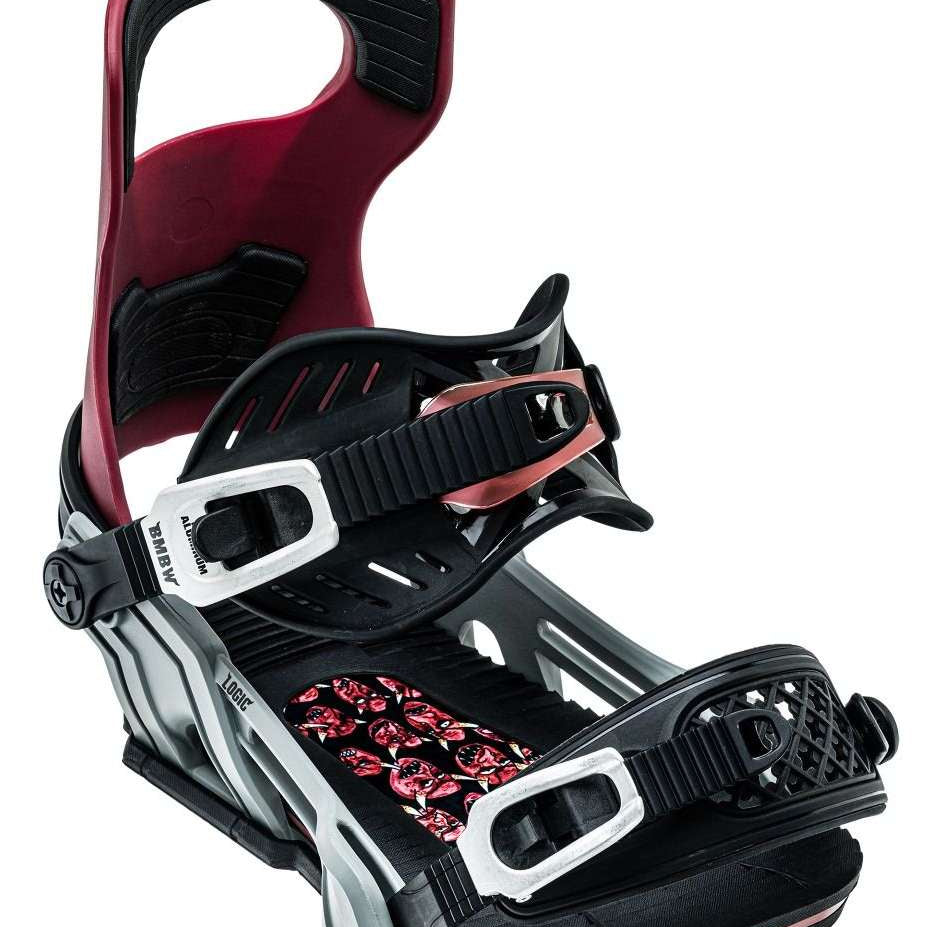 Bent Metal Logic Snowboard Bindings 2022-2023 - Black bindings with red accents and a floral pattern on the straps.