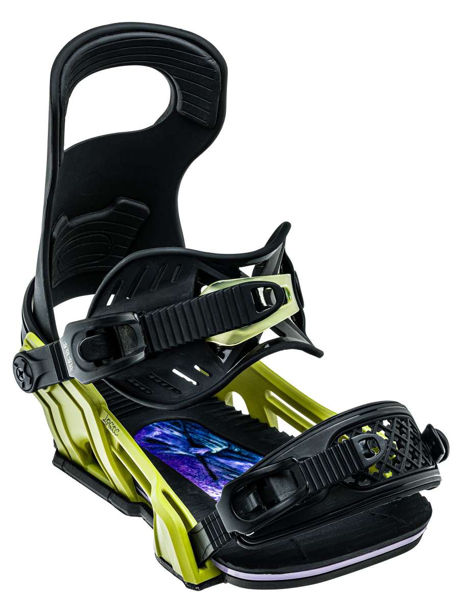 Bent Metal Logic Snowboard Bindings 2022-2023 - A black and lime green snowboard binding with a purple graphic on the strap.