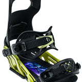 Bent Metal Logic Snowboard Bindings 2022-2023 - A black and lime green snowboard binding with a purple graphic on the strap.