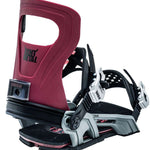 Bent Metal Logic Snowboard Bindings 2022-2023 - A pair of red snowboard bindings with a black base and silver buckles.
