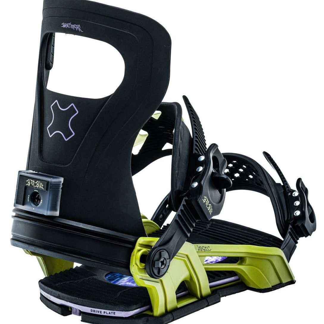 Bent Metal Logic Snowboard Bindings 2022-2023 - Black bindings with purple accents and a white logo on top of the left binding.