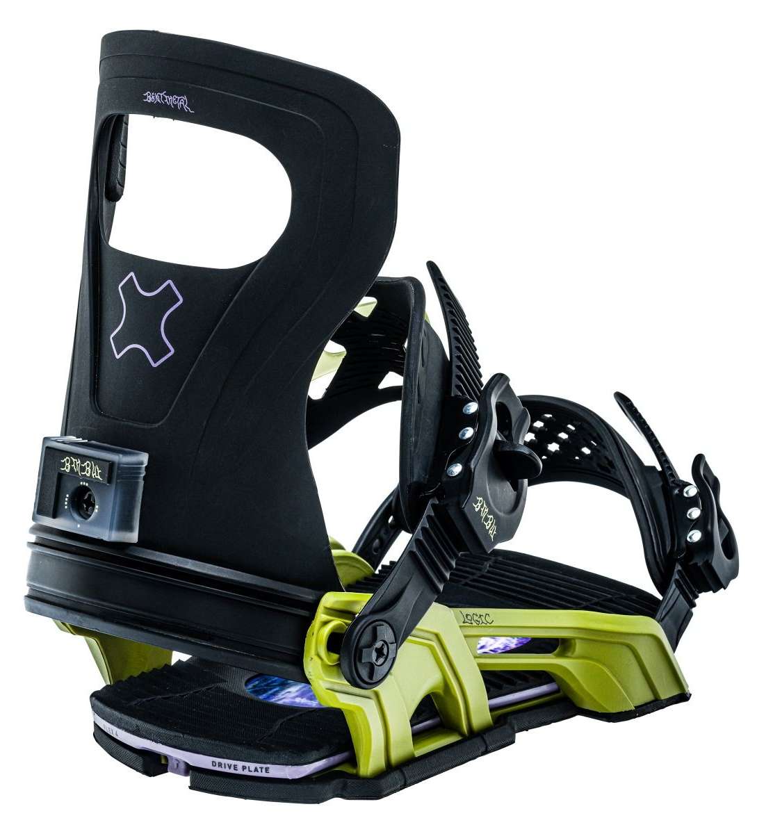 Bent Metal Logic Snowboard Bindings 2022-2023 - Black bindings with purple accents and a white logo on top of the left binding.