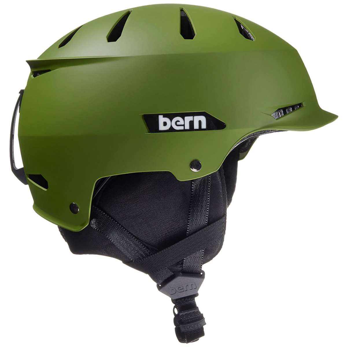 Bern Junior Hendrix MIPS Helmet 2024 - Matte green helmet with a black visor and white logo on the side.