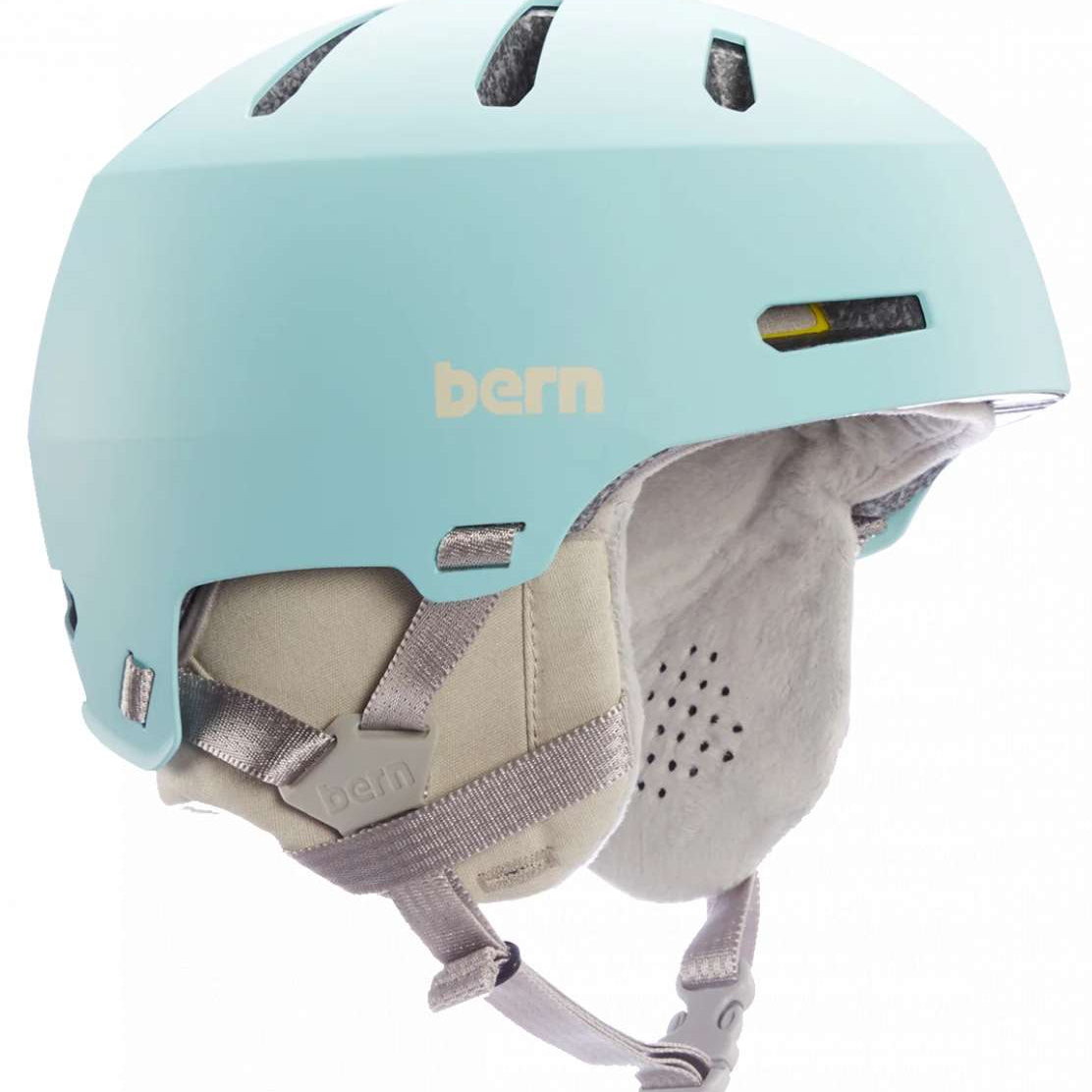 Bern Junior Macon 2.0 MIPS Helmet - A light blue helmet with a white logo on the front and straps at the back.