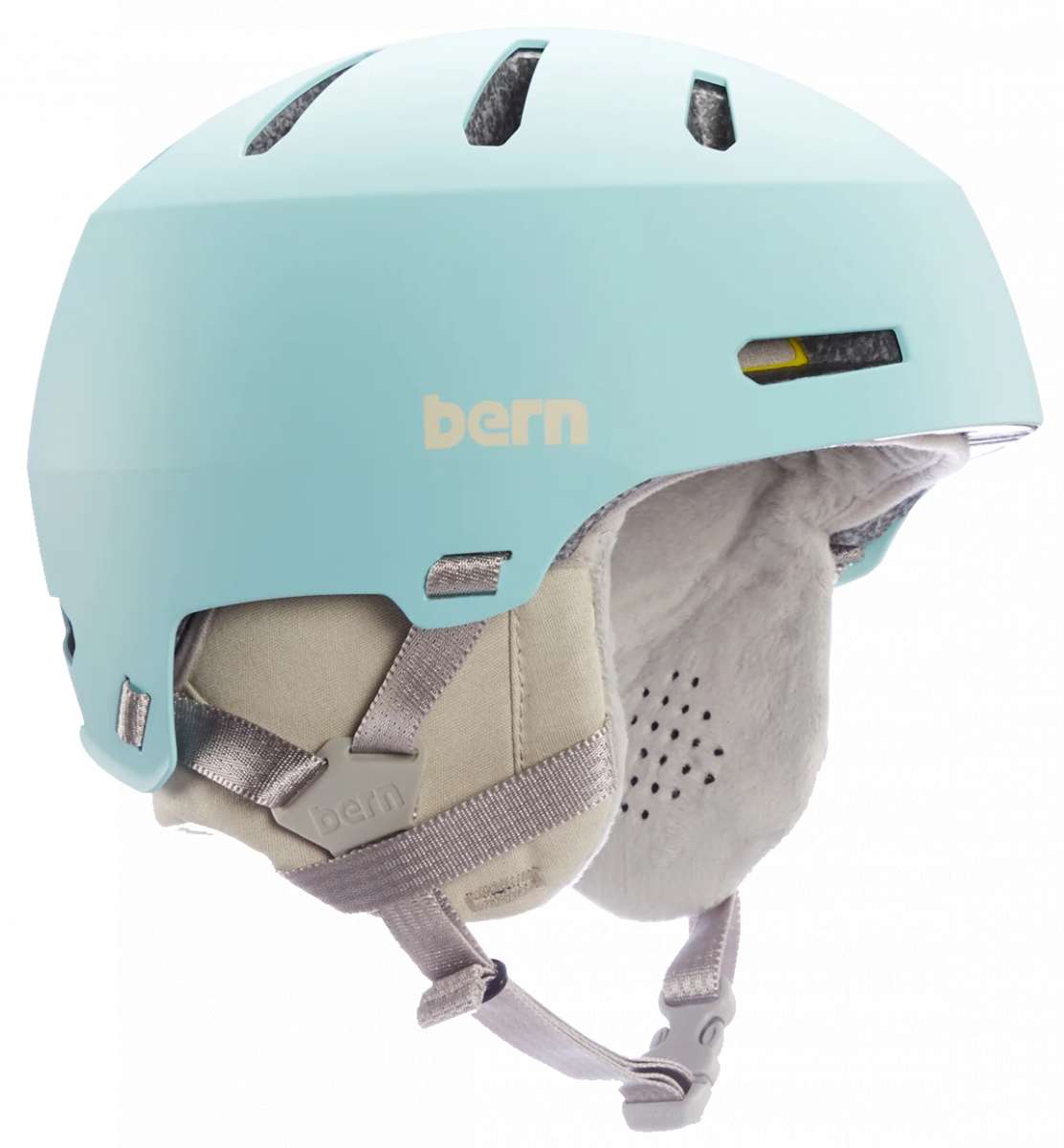 Bern Junior Macon 2.0 MIPS Helmet - A light blue helmet with a white logo on the front and straps at the back.