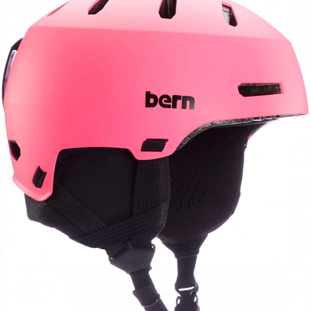 Bern Junior Macon 2.0 MIPS Helmet - A pink helmet with a black strap and white logo on the side, viewed from the back.