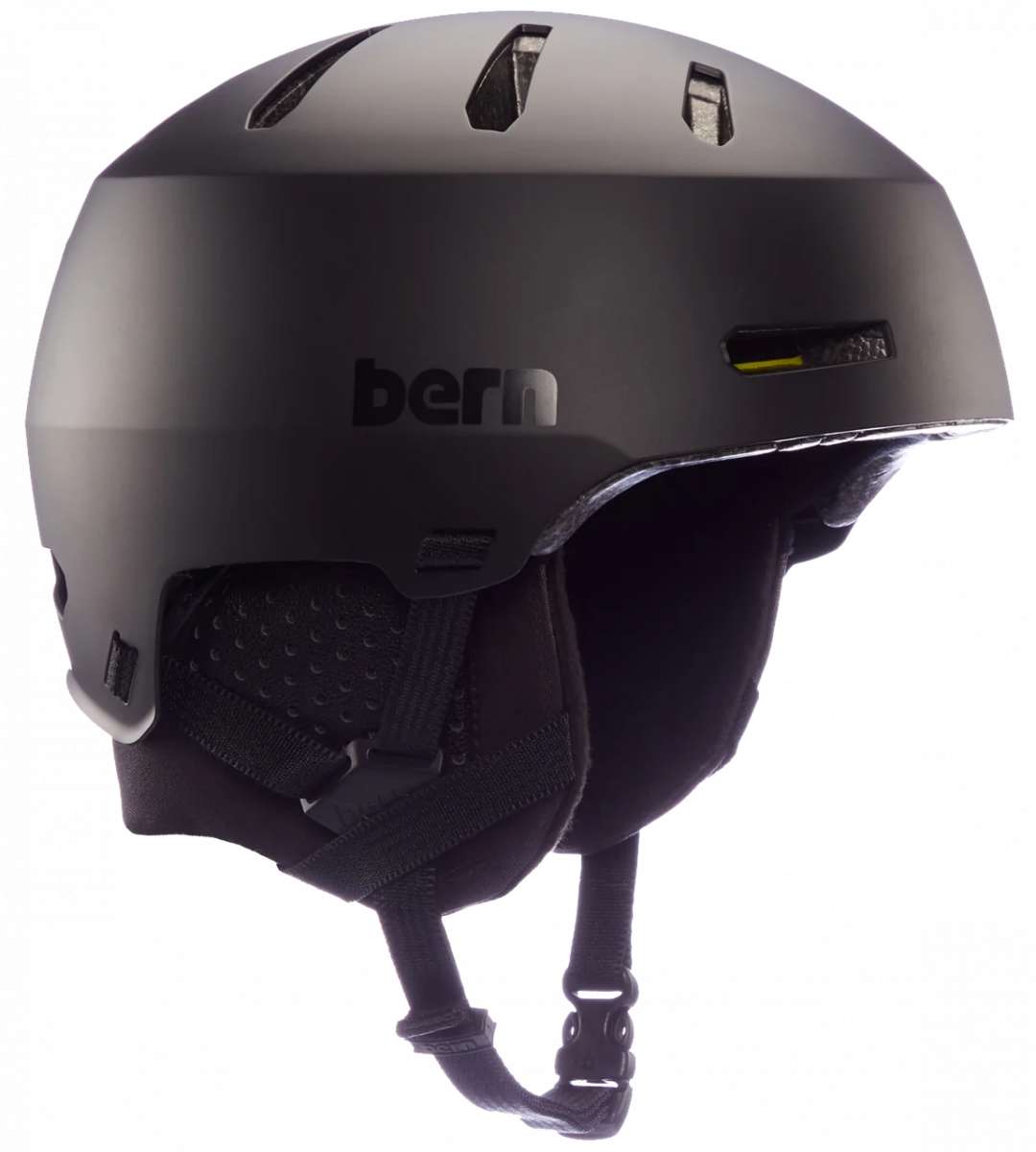 Bern Junior Macon 2.0 MIPS Helmet - A matte black helmet with a sleek, aerodynamic design and ventilation holes on top.