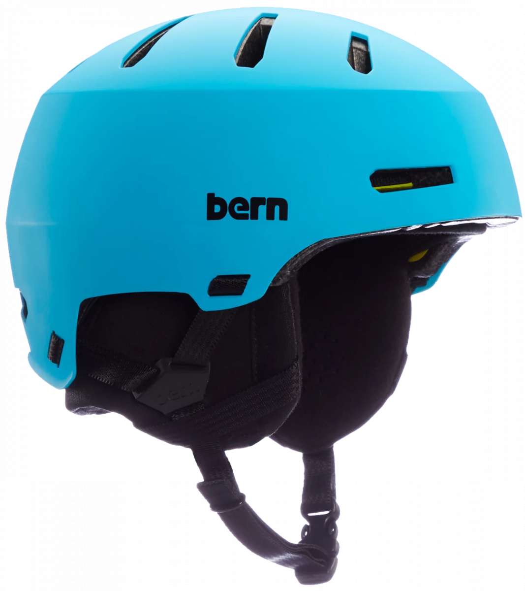 Bern Junior Macon 2.0 MIPS Helmet - A matte black helmet with a white logo on the front and a yellow strap in the back.