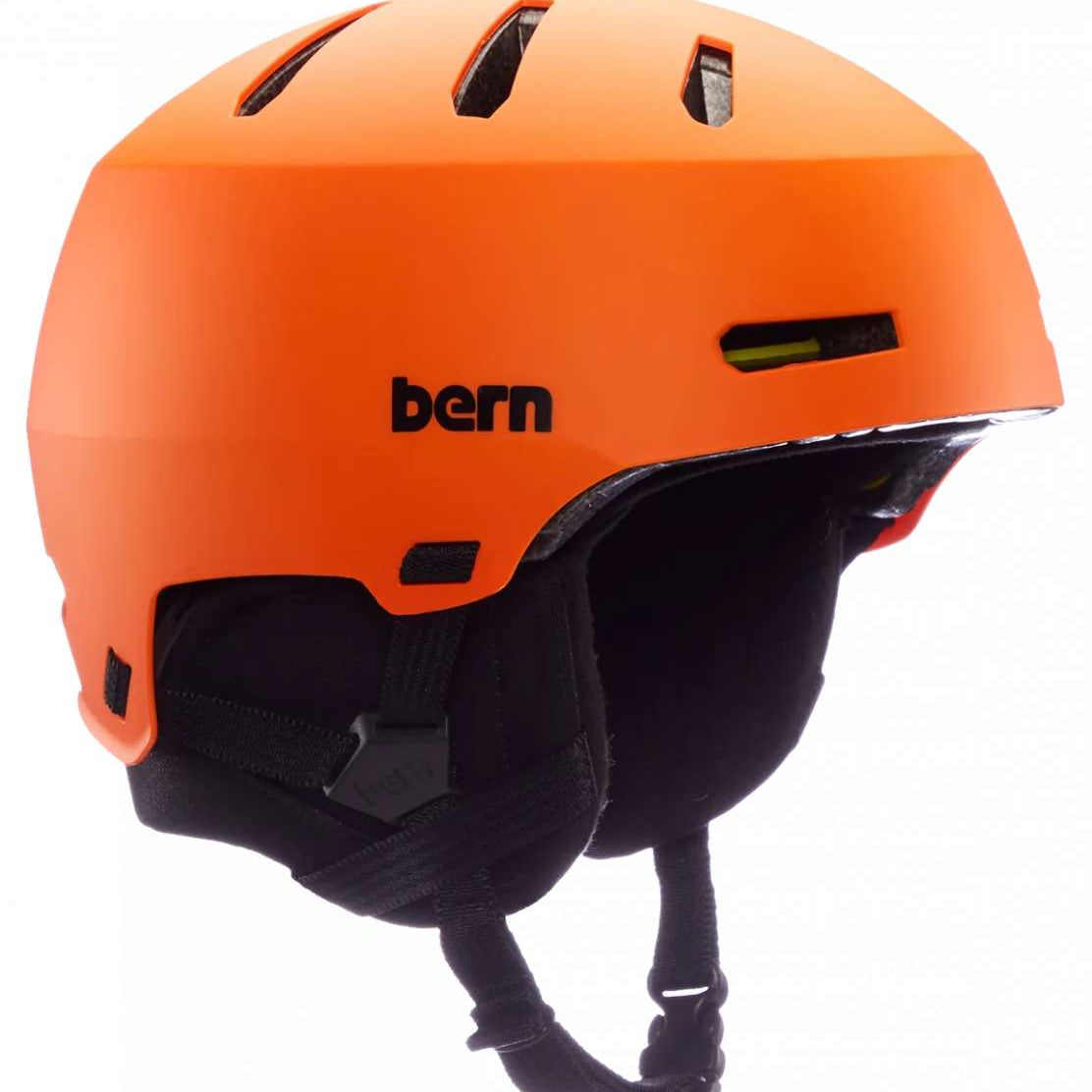 Bern Junior Macon 2.0 MIPS Helmet - A matte black helmet with a white logo on the front and a strap at the back.