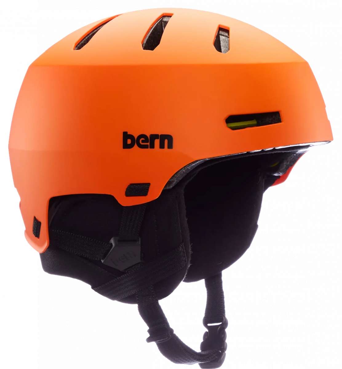 Bern Junior Macon 2.0 MIPS Helmet - A matte black helmet with a white logo on the front and a strap at the back.