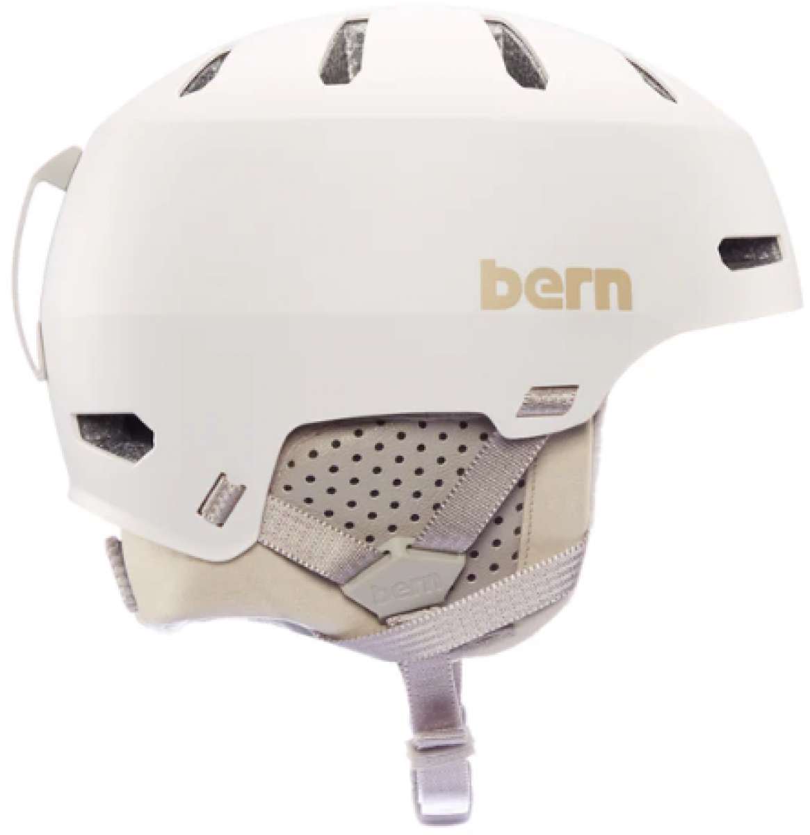 Bern Junior's Macon 2.0 MIPS Helmet 2024 - A white helmet with a tan "bern" logo on the side, featuring ventilation holes and straps at the back.