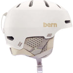Bern Junior's Macon 2.0 MIPS Helmet 2024 - A white helmet with a tan "bern" logo on the side, featuring ventilation holes and straps at the back.