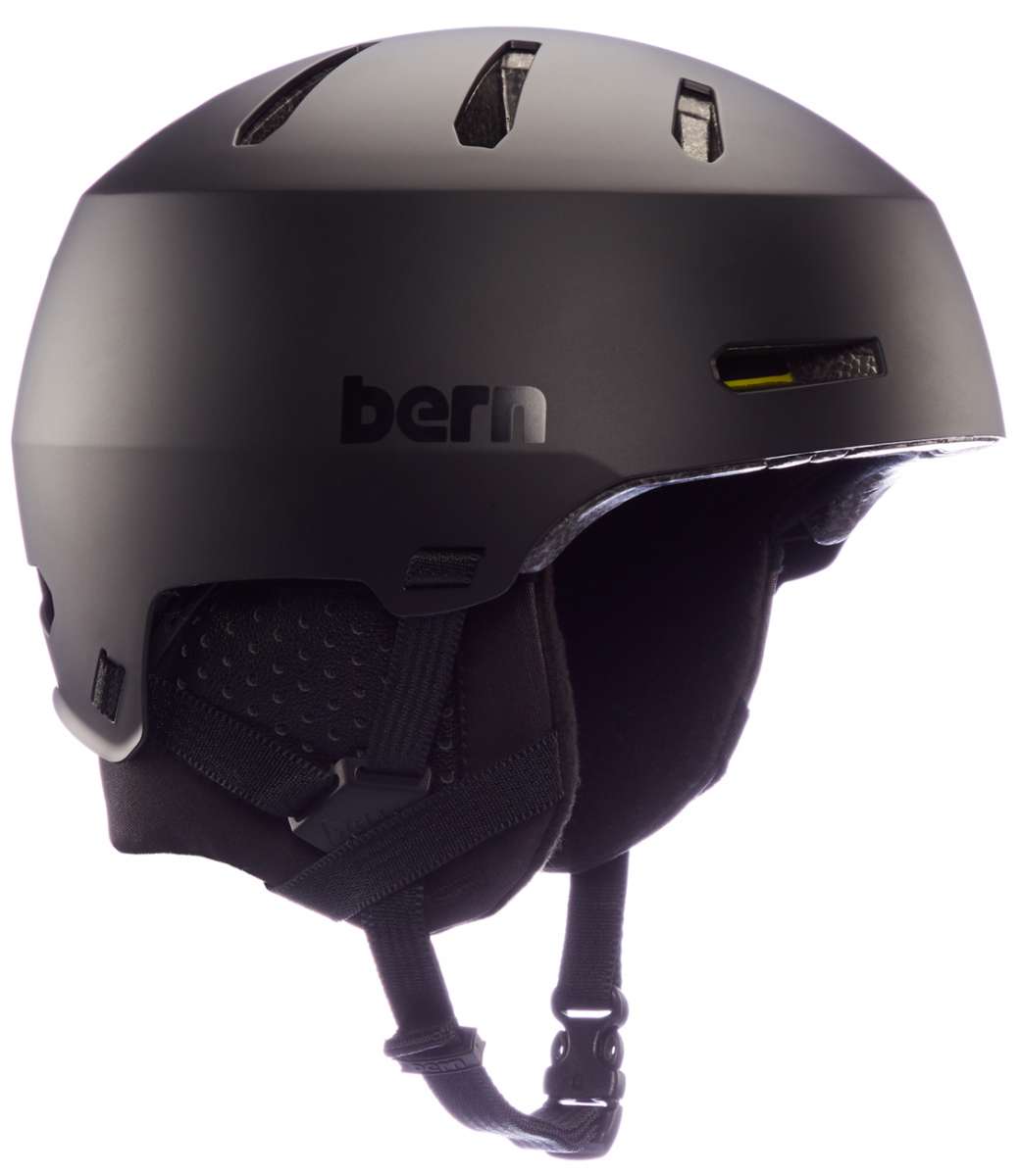 Bern Junior's Macon 2.0 MIPS Helmet 2024 - Matte black helmet with a sleek, aerodynamic design and ventilation holes on top.